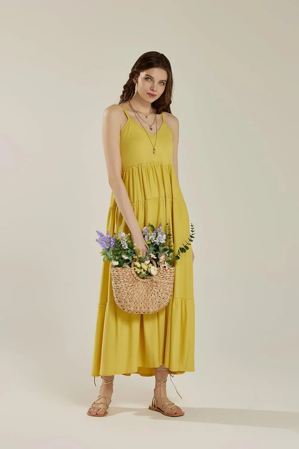 noflik Women's Comfortable and Flowy Knit V-Neckline Ruffle Tiers Knit Maxi Dress