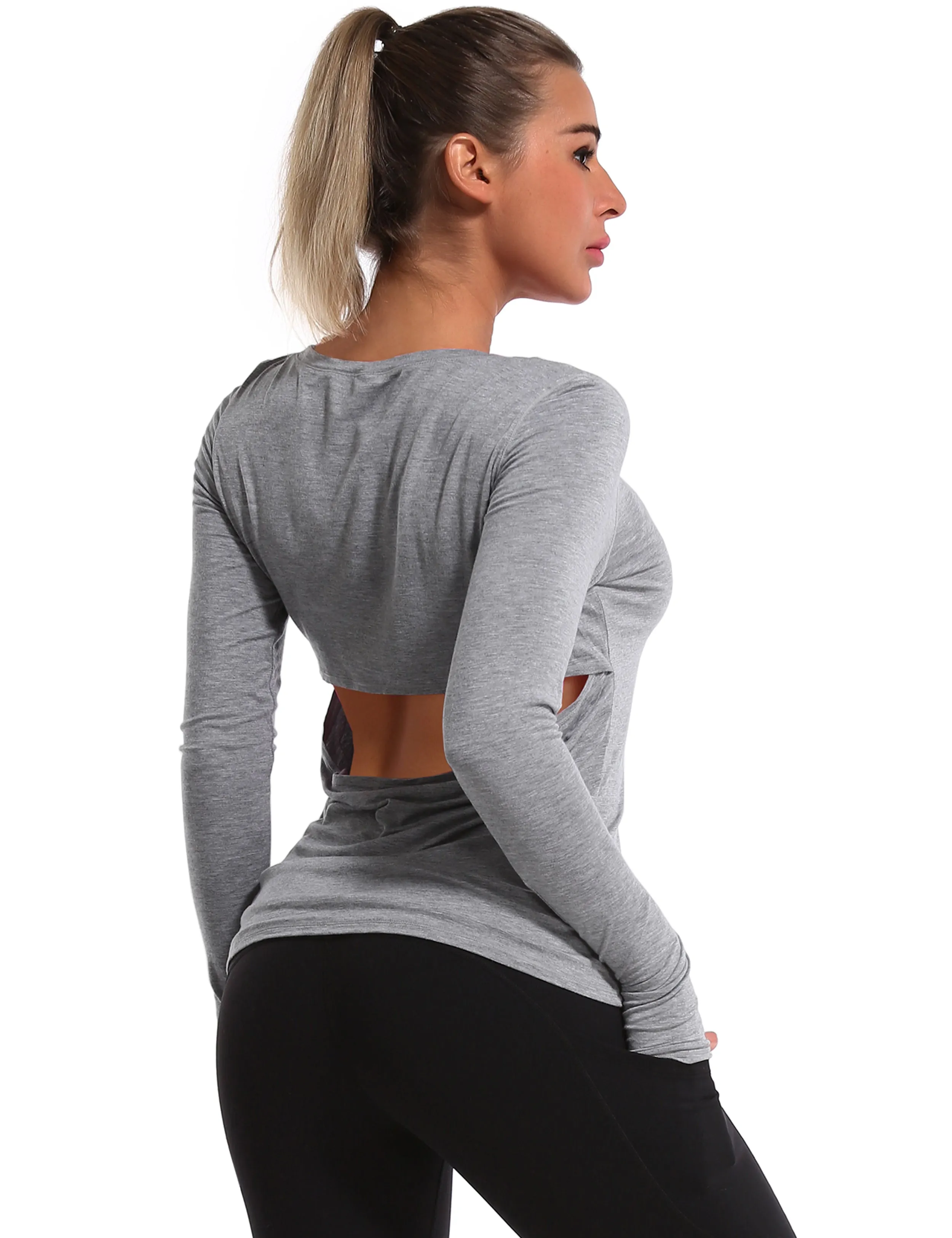 Open Back Long Sleeve Tops heathergray_Gym