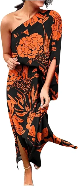 PETYCZEN One Shoulder Dresses for Women Summer Floral Print Batwing Sleeve Ruched Dress Sexy Side Split Club Cocktail Dresses