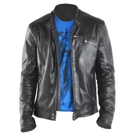 Regular Fit Black Biker Lambskin Leather Motorcycle Jacket for Men