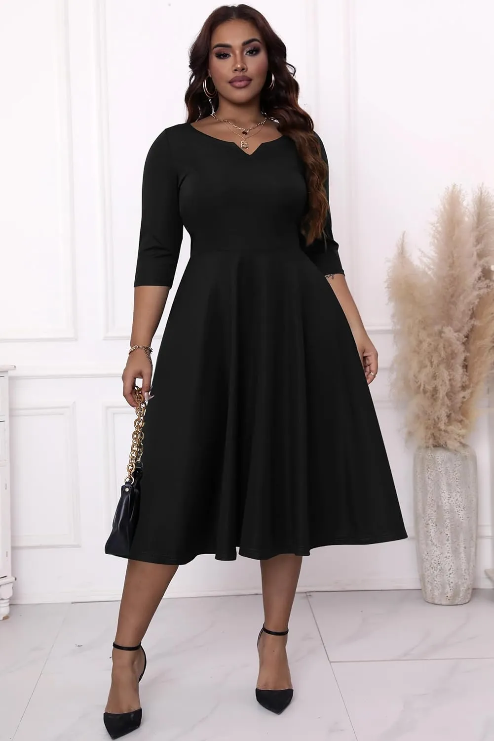 Runwind Plus Size Dresses Women Fit and Flare A-Line Swing Dress 3/4 Sleeve Midi Church Wedding Guest Cocktail Party Dresses