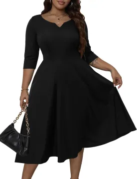 Runwind Plus Size Dresses Women Fit and Flare A-Line Swing Dress 3/4 Sleeve Midi Church Wedding Guest Cocktail Party Dresses