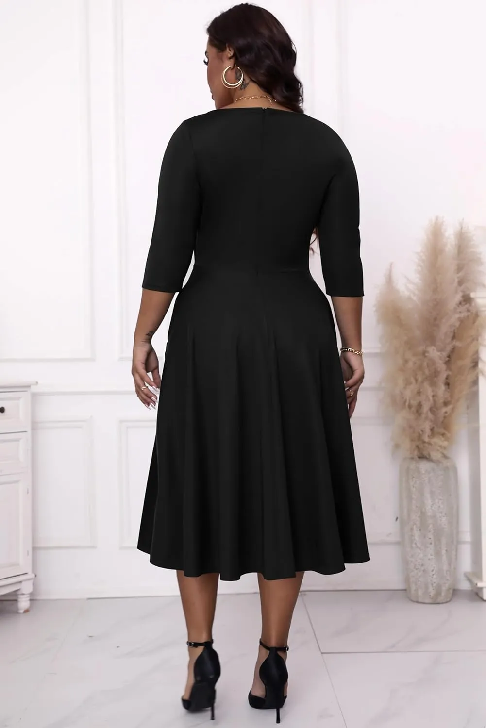 Runwind Plus Size Dresses Women Fit and Flare A-Line Swing Dress 3/4 Sleeve Midi Church Wedding Guest Cocktail Party Dresses