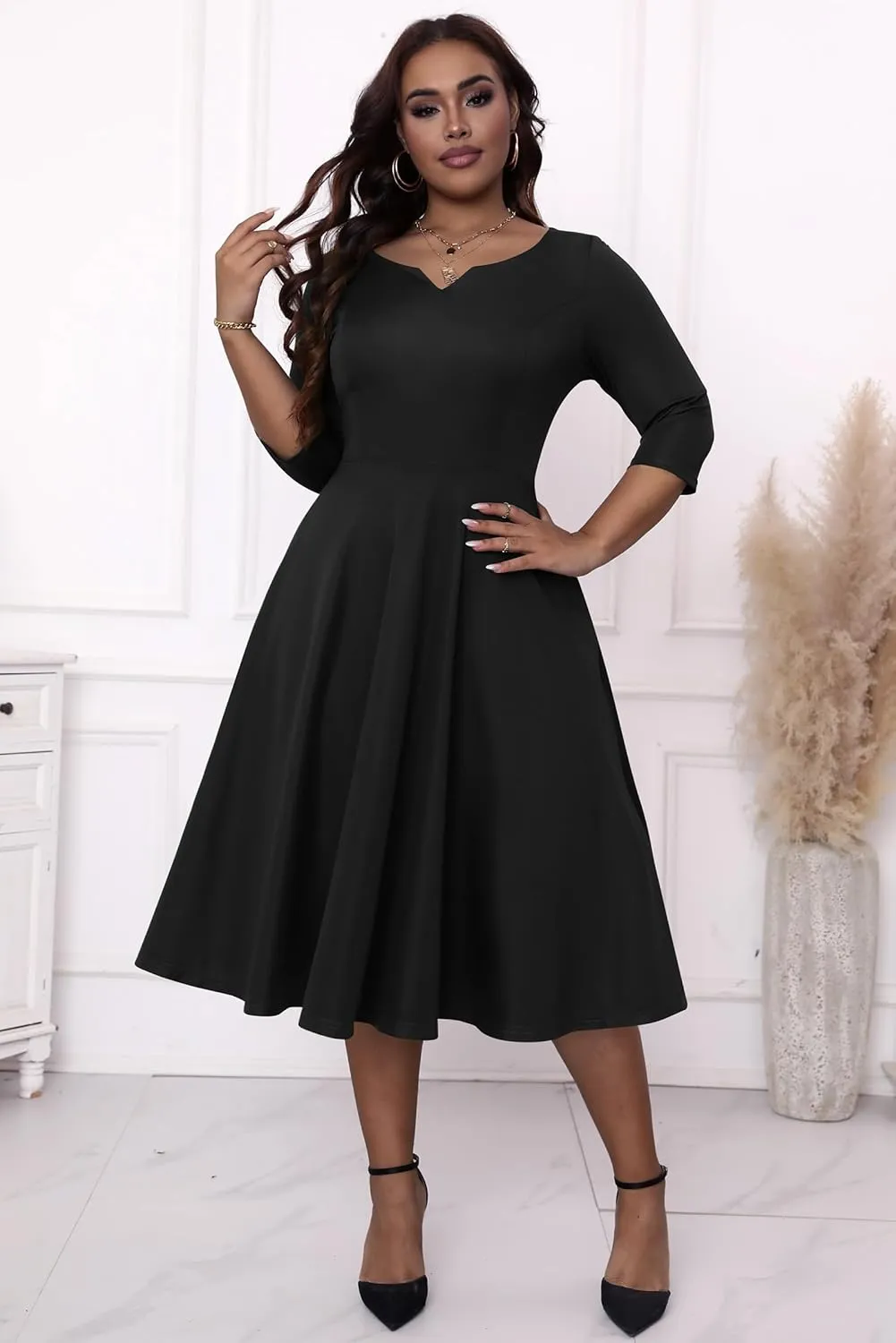 Runwind Plus Size Dresses Women Fit and Flare A-Line Swing Dress 3/4 Sleeve Midi Church Wedding Guest Cocktail Party Dresses
