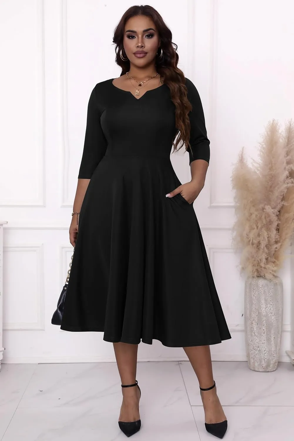 Runwind Plus Size Dresses Women Fit and Flare A-Line Swing Dress 3/4 Sleeve Midi Church Wedding Guest Cocktail Party Dresses
