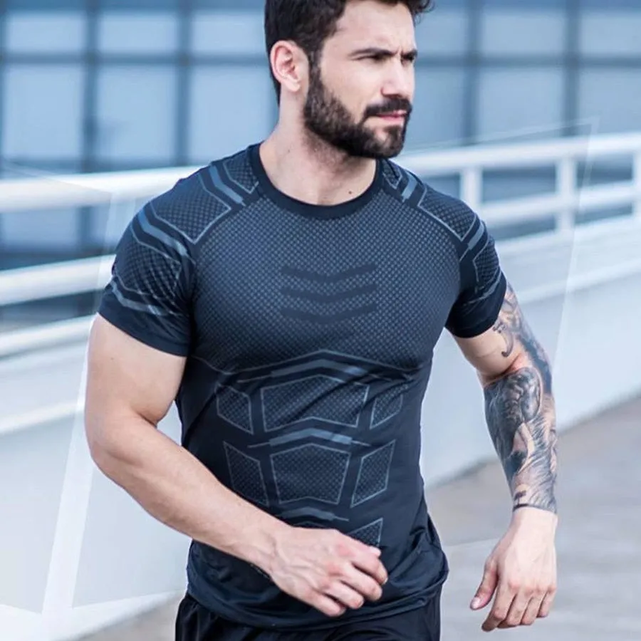 Ryan Design Compression Men Tee Shirt Gym Fitness Bodybuilding Workout Black Tops
