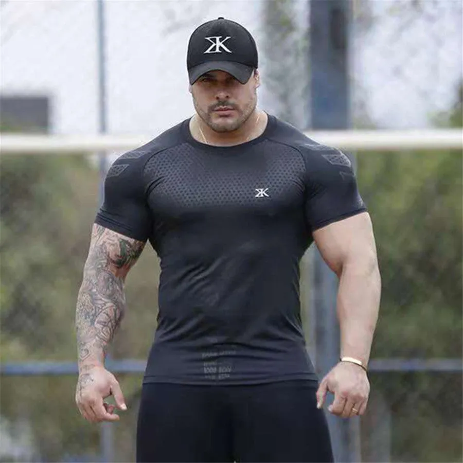 Ryan Design Compression Men Tee Shirt Gym Fitness Bodybuilding Workout Black Tops