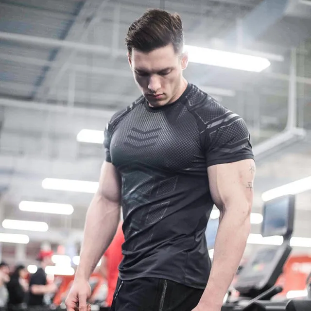 Ryan Design Compression Men Tee Shirt Gym Fitness Bodybuilding Workout Black Tops