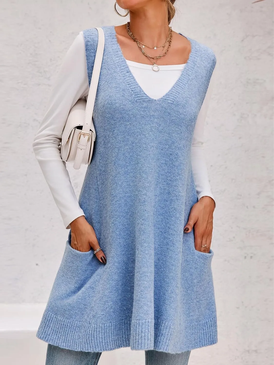 Saodimallsu Womens Sleeveless Sweater Vest V Neck Loose Knit Casual A Line Flattering Tunic Top with Pockets