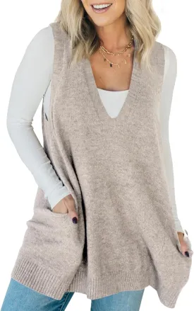 Saodimallsu Womens Sleeveless Sweater Vest V Neck Loose Knit Casual A Line Flattering Tunic Top with Pockets
