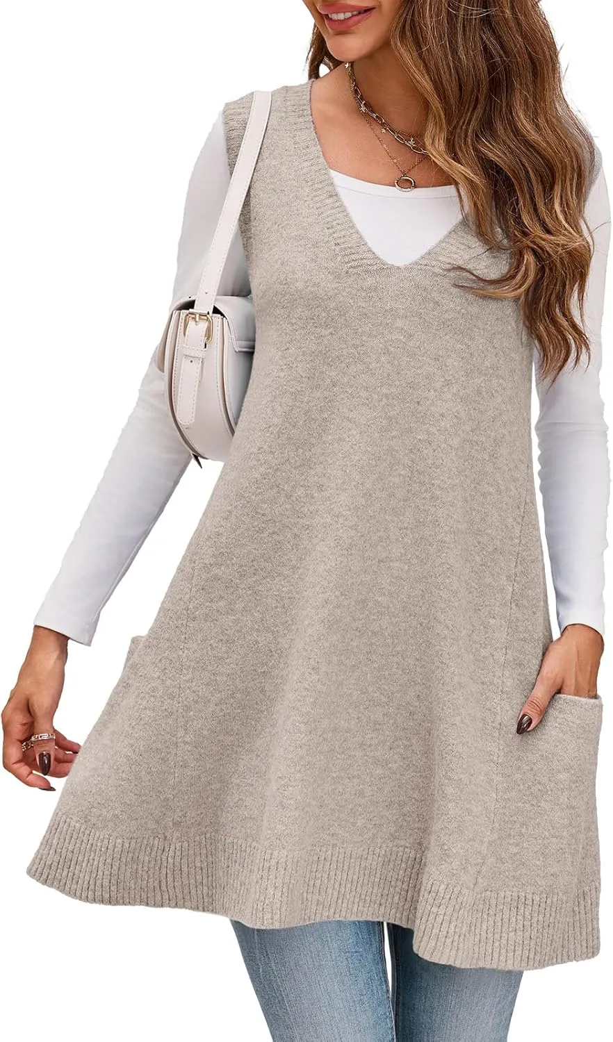Saodimallsu Womens Sleeveless Sweater Vest V Neck Loose Knit Casual A Line Flattering Tunic Top with Pockets
