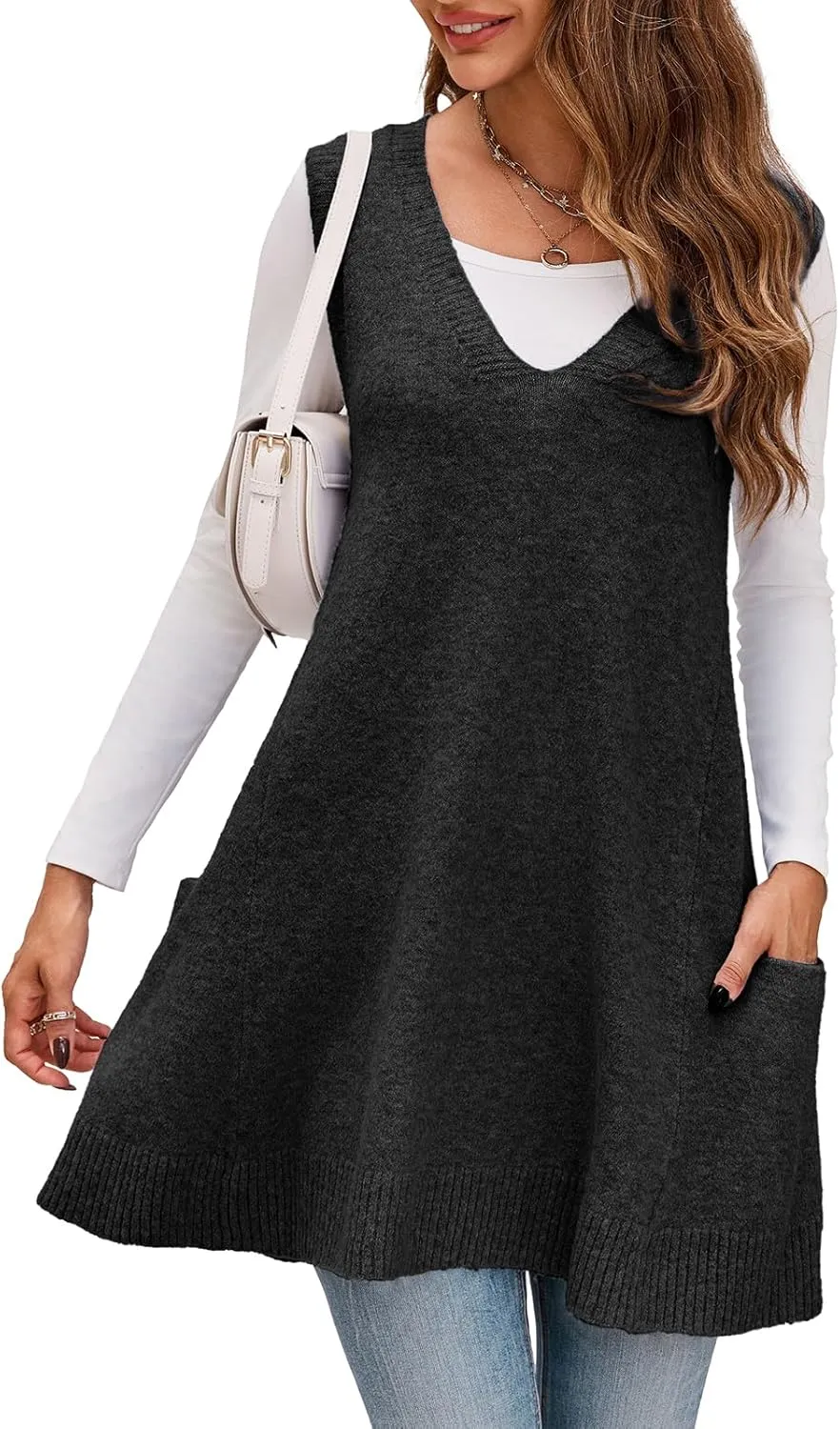 Saodimallsu Womens Sleeveless Sweater Vest V Neck Loose Knit Casual A Line Flattering Tunic Top with Pockets