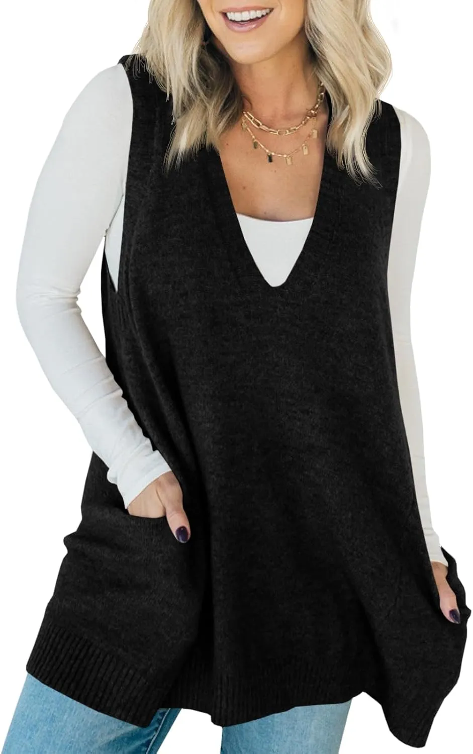 Saodimallsu Womens Sleeveless Sweater Vest V Neck Loose Knit Casual A Line Flattering Tunic Top with Pockets