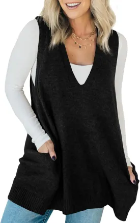 Saodimallsu Womens Sleeveless Sweater Vest V Neck Loose Knit Casual A Line Flattering Tunic Top with Pockets