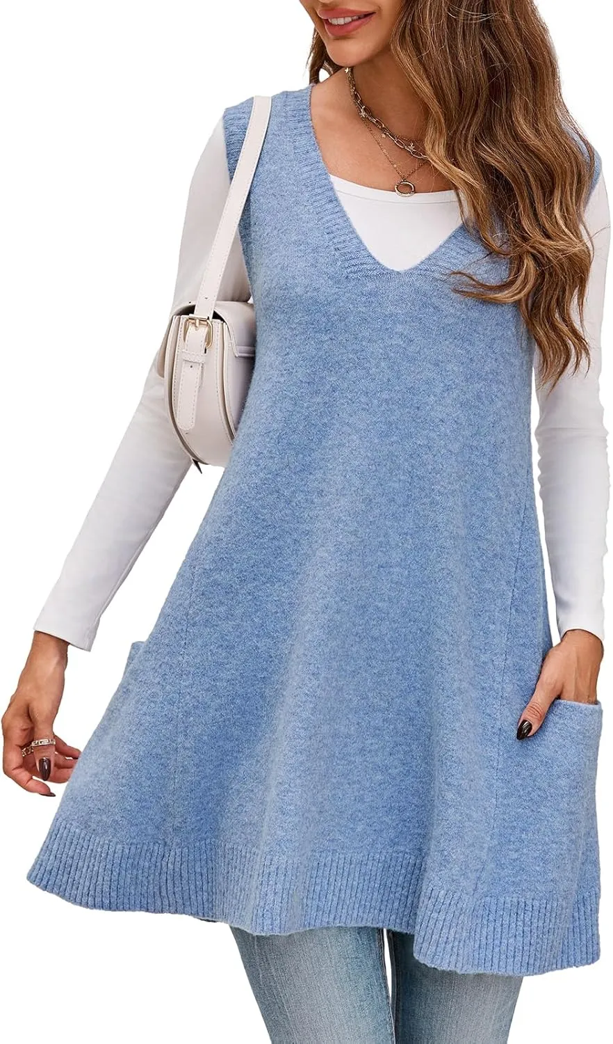 Saodimallsu Womens Sleeveless Sweater Vest V Neck Loose Knit Casual A Line Flattering Tunic Top with Pockets