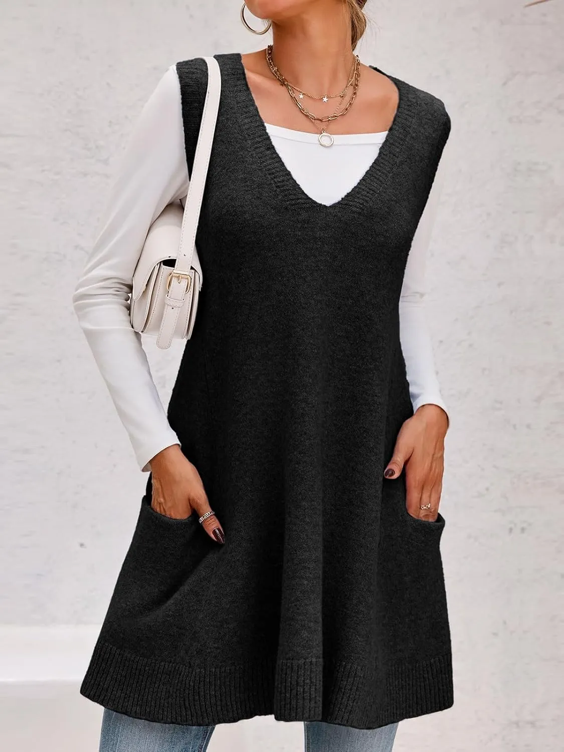 Saodimallsu Womens Sleeveless Sweater Vest V Neck Loose Knit Casual A Line Flattering Tunic Top with Pockets