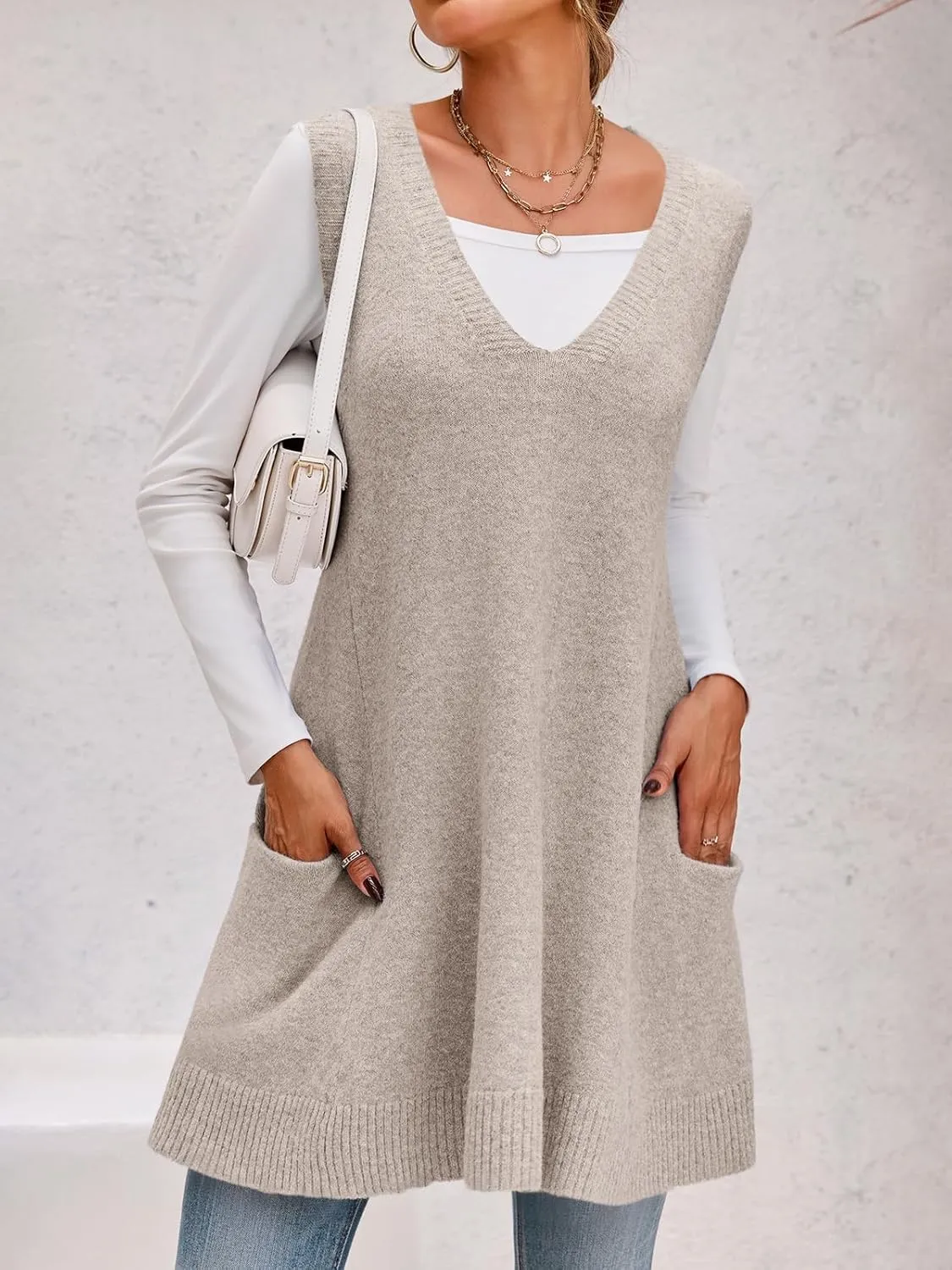 Saodimallsu Womens Sleeveless Sweater Vest V Neck Loose Knit Casual A Line Flattering Tunic Top with Pockets