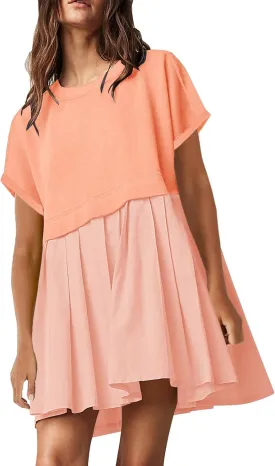 SAUKOLE Womens Summer Crew Neck Short Sleeve Dress Patchwork Pleated A Line Beach Boho Mini Dress