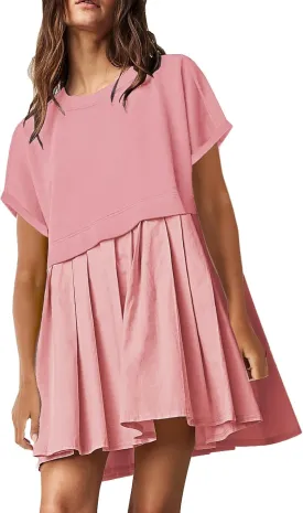 SAUKOLE Womens Summer Crew Neck Short Sleeve Dress Patchwork Pleated A Line Beach Boho Mini Dress