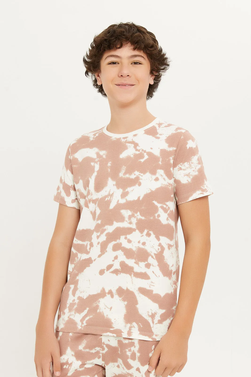 Senior Boys Beige And White Tye Dye Casual Set