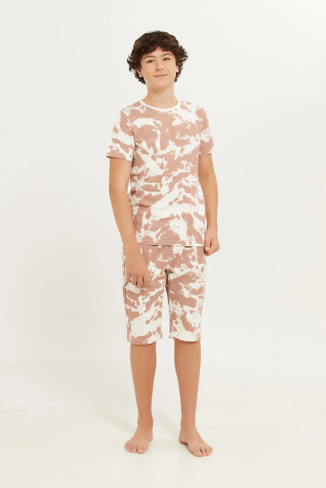 Senior Boys Beige And White Tye Dye Casual Set