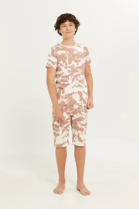 Senior Boys Beige And White Tye Dye Casual Set