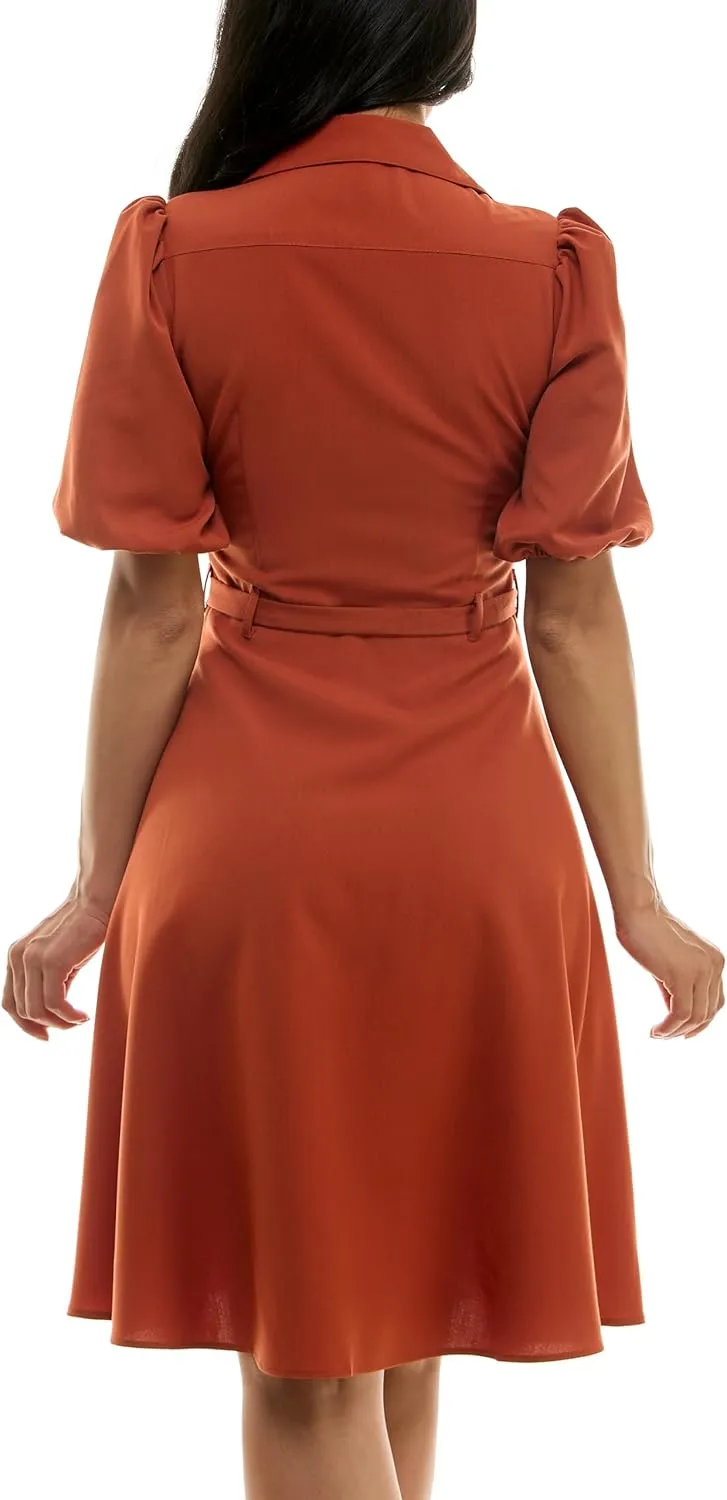 Sharagano Women's Sharkskin Button to Hem Shirtdress with a Blouson Sleeve, Pockets and Self Tie Belt