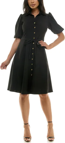 Sharagano Women's Sharkskin Button to Hem Shirtdress with a Blouson Sleeve, Pockets and Self Tie Belt