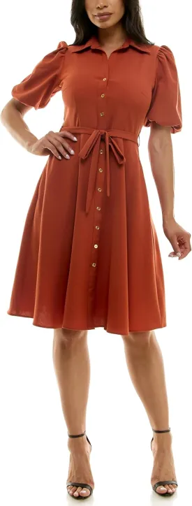 Sharagano Women's Sharkskin Button to Hem Shirtdress with a Blouson Sleeve, Pockets and Self Tie Belt