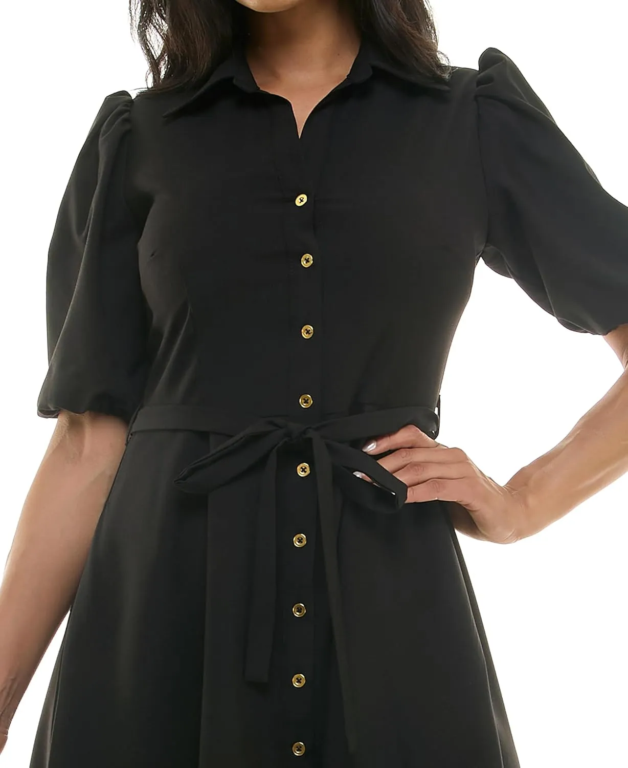 Sharagano Women's Sharkskin Button to Hem Shirtdress with a Blouson Sleeve, Pockets and Self Tie Belt