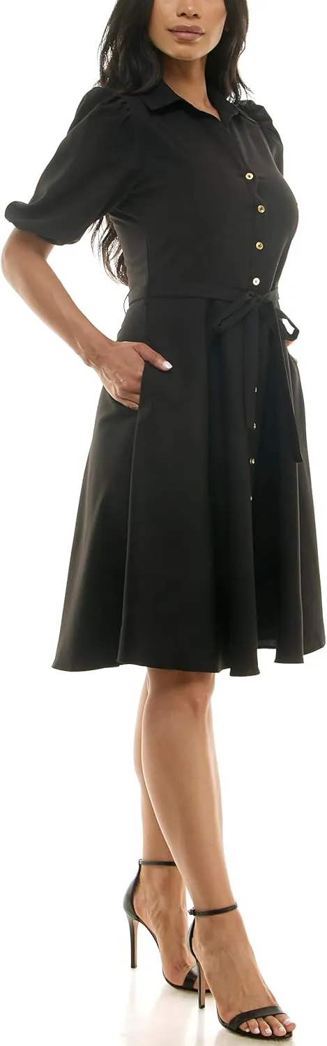 Sharagano Women's Sharkskin Button to Hem Shirtdress with a Blouson Sleeve, Pockets and Self Tie Belt