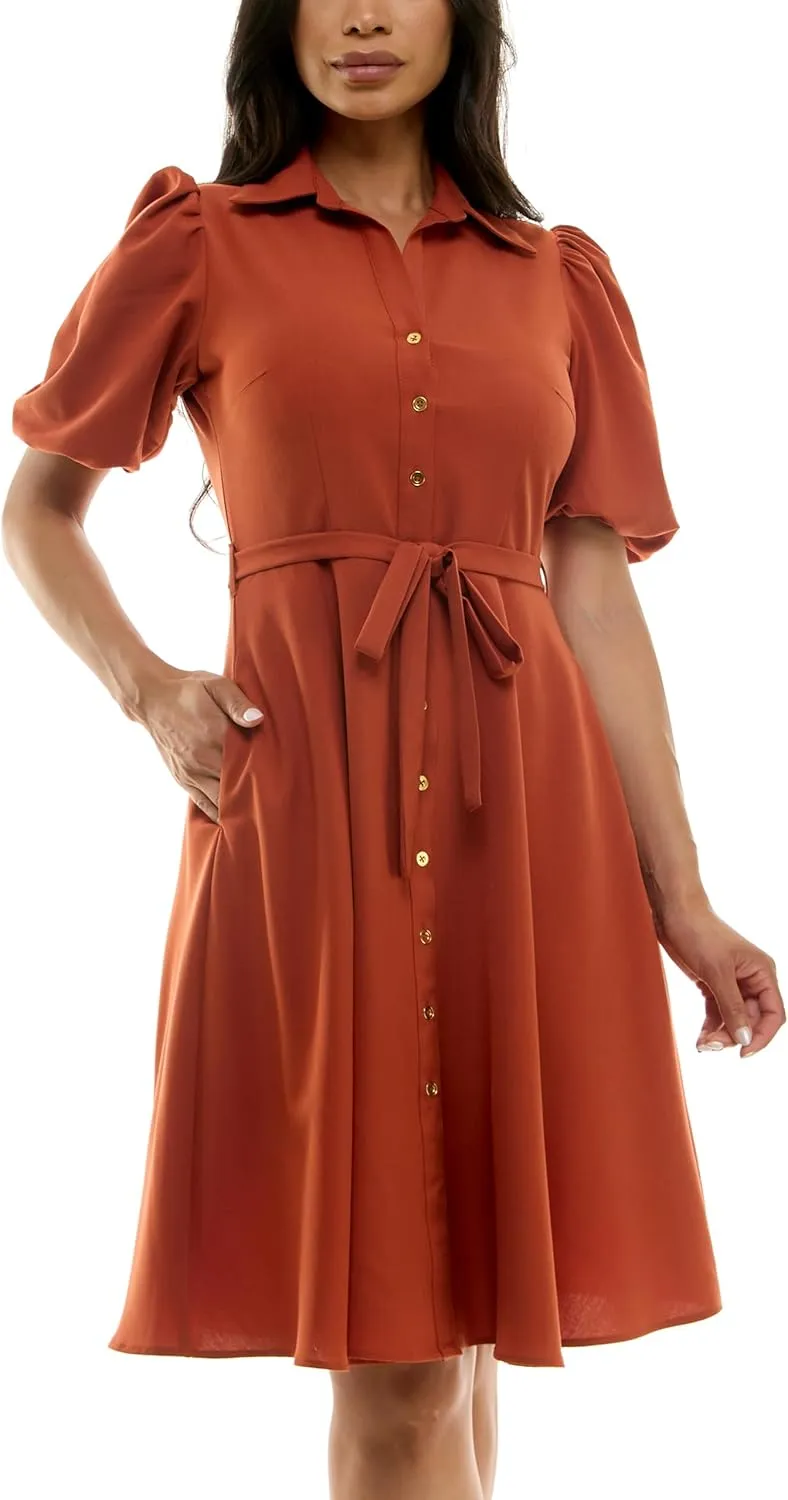 Sharagano Women's Sharkskin Button to Hem Shirtdress with a Blouson Sleeve, Pockets and Self Tie Belt