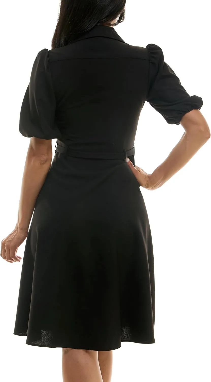 Sharagano Women's Sharkskin Button to Hem Shirtdress with a Blouson Sleeve, Pockets and Self Tie Belt