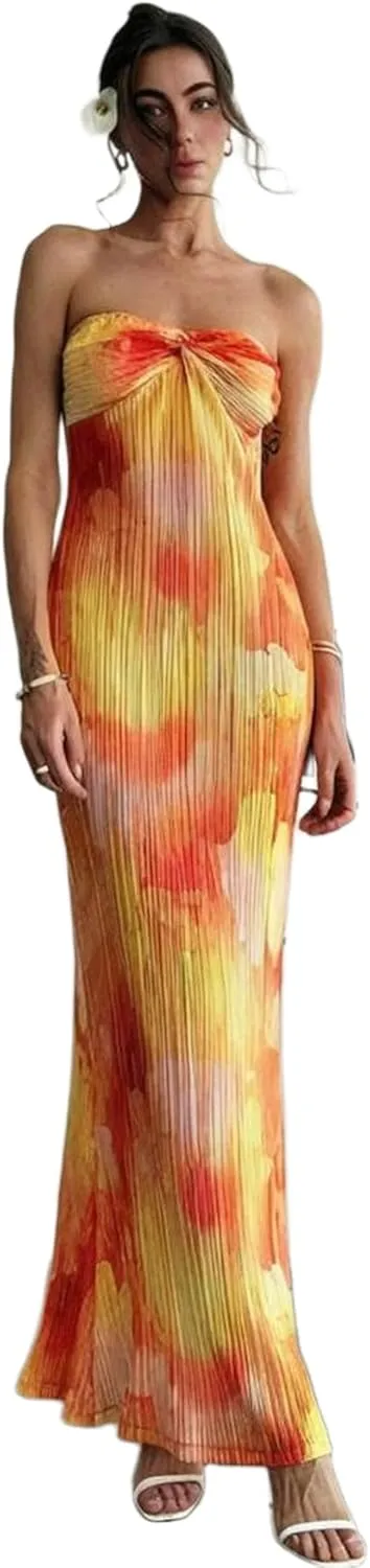 SKAYS Women's Summer Dress Strapless Tube Top Twisted Front Floral Maxi Dress Vacation Outfits Backless Casual Elegant Party