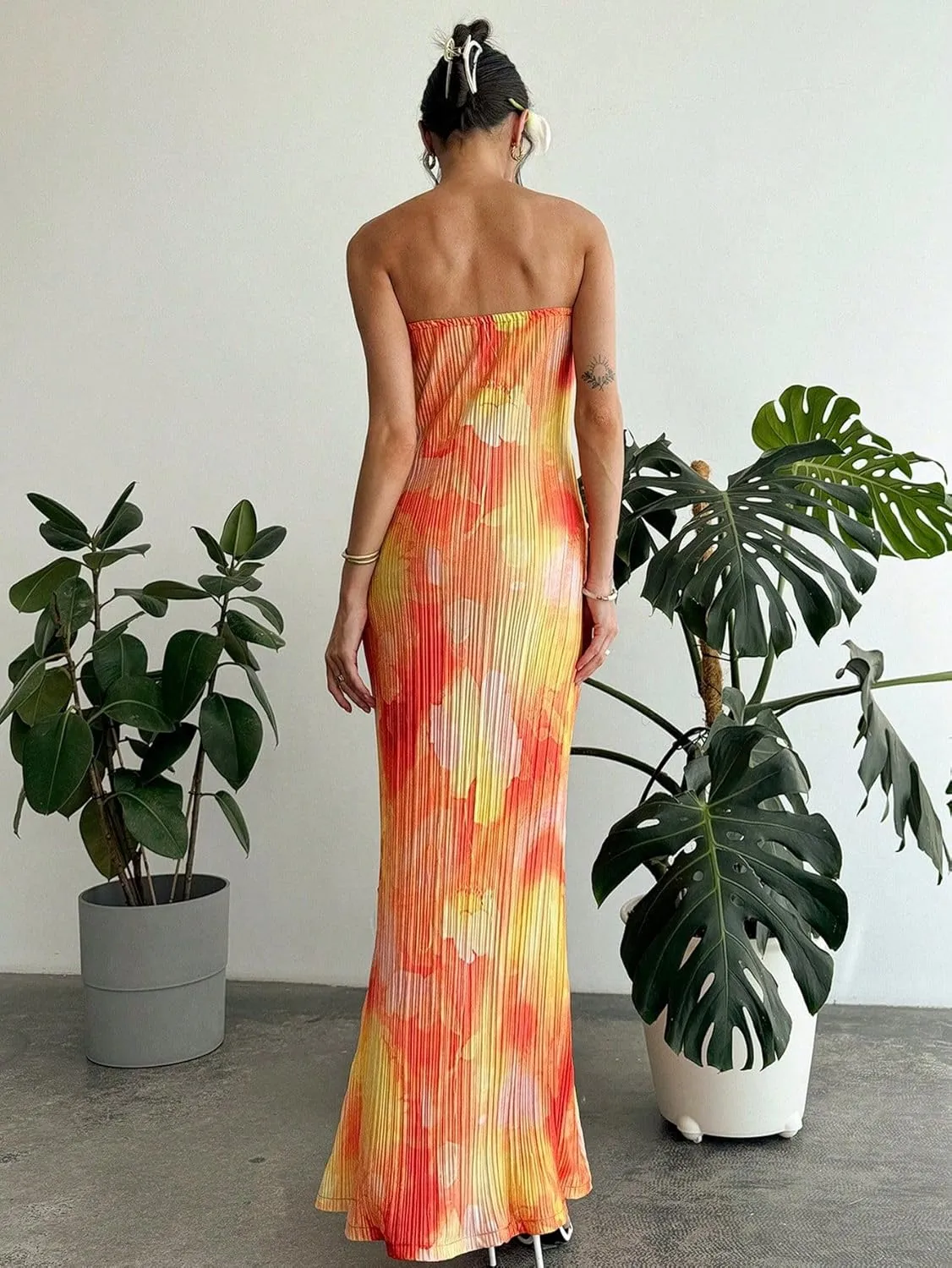 SKAYS Women's Summer Dress Strapless Tube Top Twisted Front Floral Maxi Dress Vacation Outfits Backless Casual Elegant Party