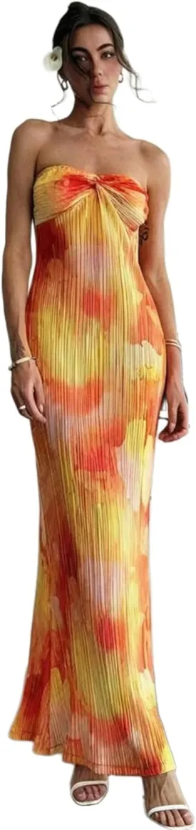 SKAYS Women's Summer Dress Strapless Tube Top Twisted Front Floral Maxi Dress Vacation Outfits Backless Casual Elegant Party