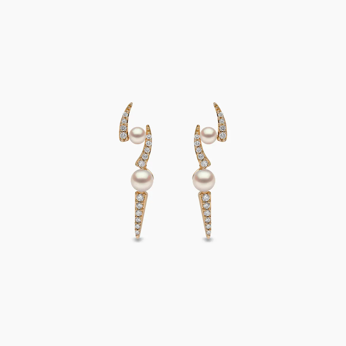 Sleek 18K Gold Pearl and Diamond Lightening Bolt Earrings