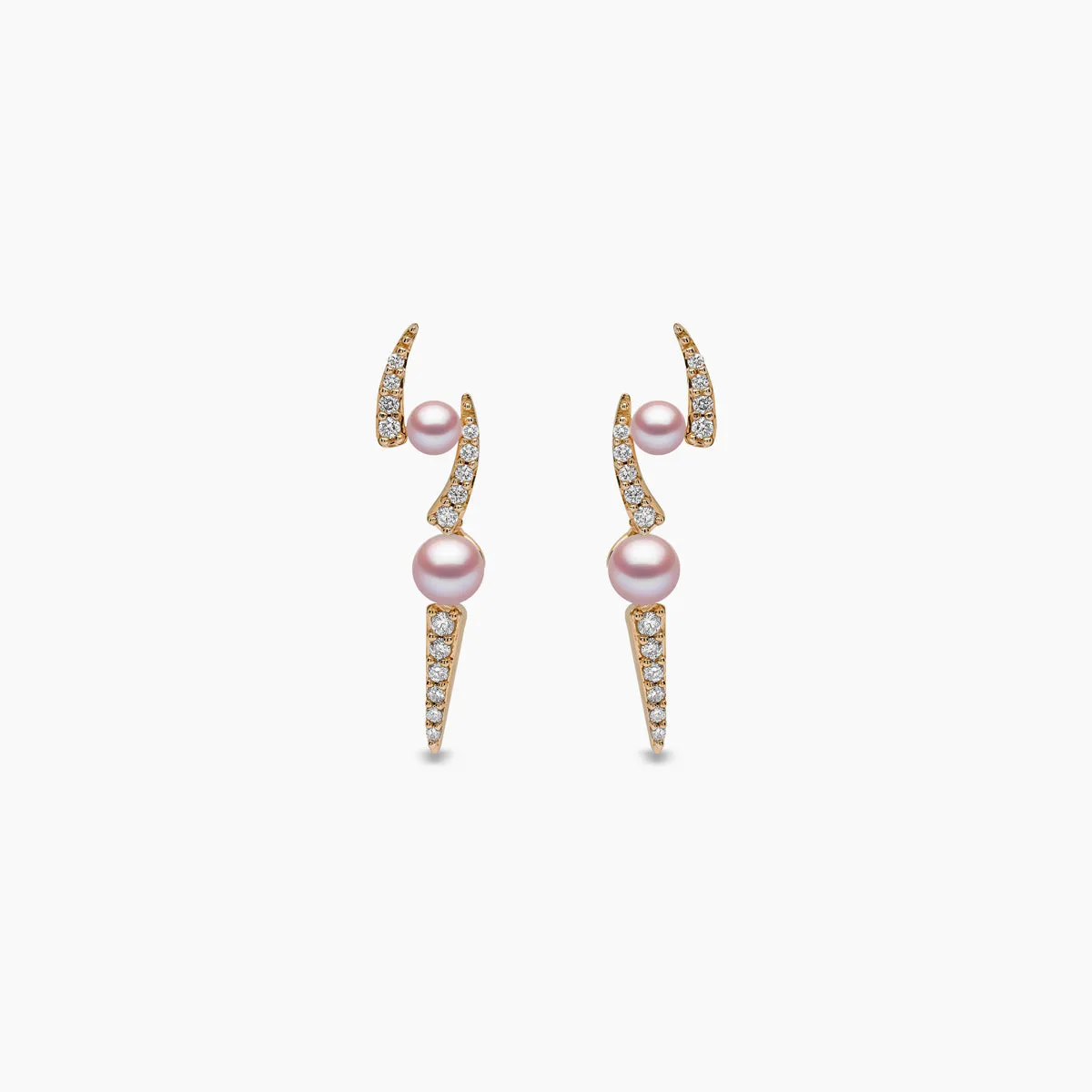 Sleek 18K Gold Pearl and Diamond Lightening Bolt Earrings