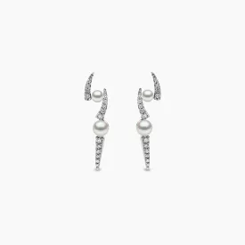 Sleek 18K Gold Pearl and Diamond Lightening Bolt Earrings