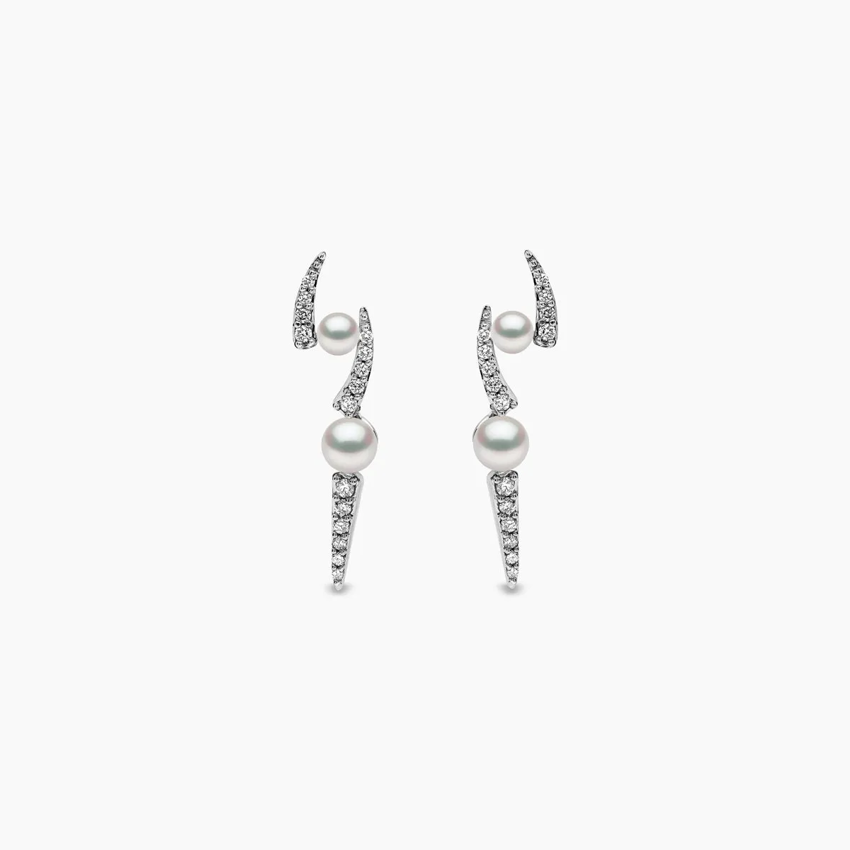 Sleek 18K Gold Pearl and Diamond Lightening Bolt Earrings