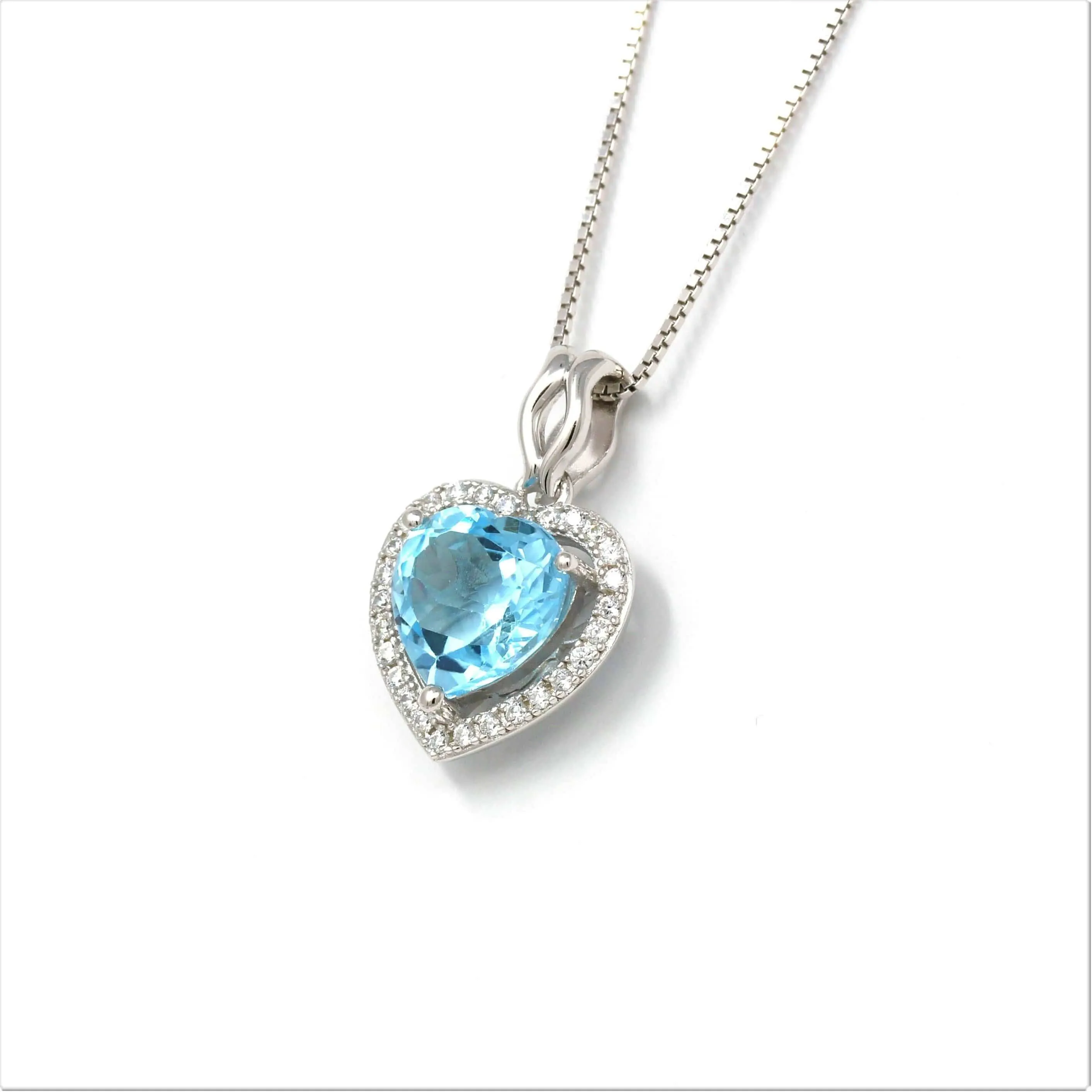Sterling Silver Natural Topaz Love Heart Pendant Necklace With CZ