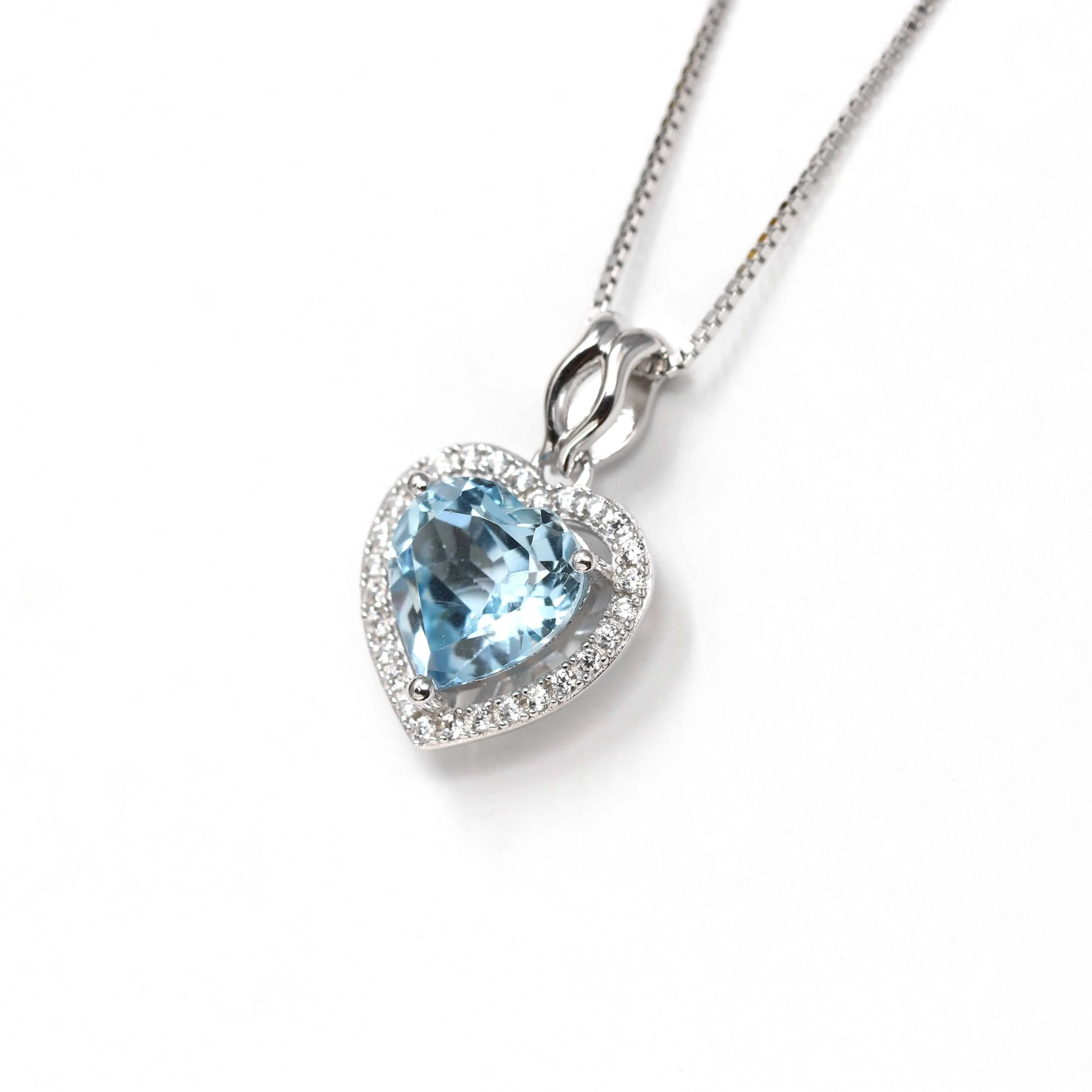 Sterling Silver Natural Topaz Love Heart Pendant Necklace With CZ