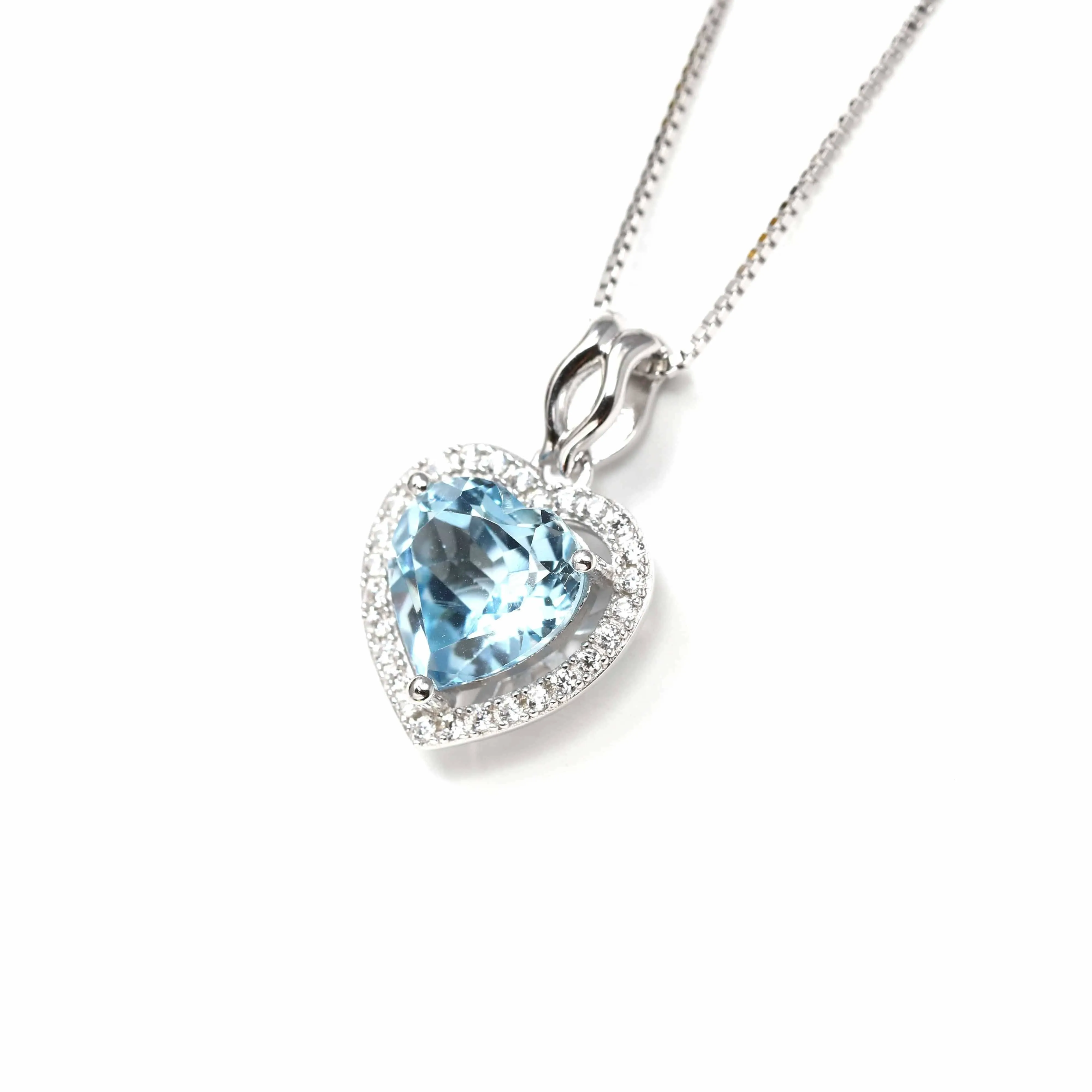 Sterling Silver Natural Topaz Love Heart Pendant Necklace With CZ