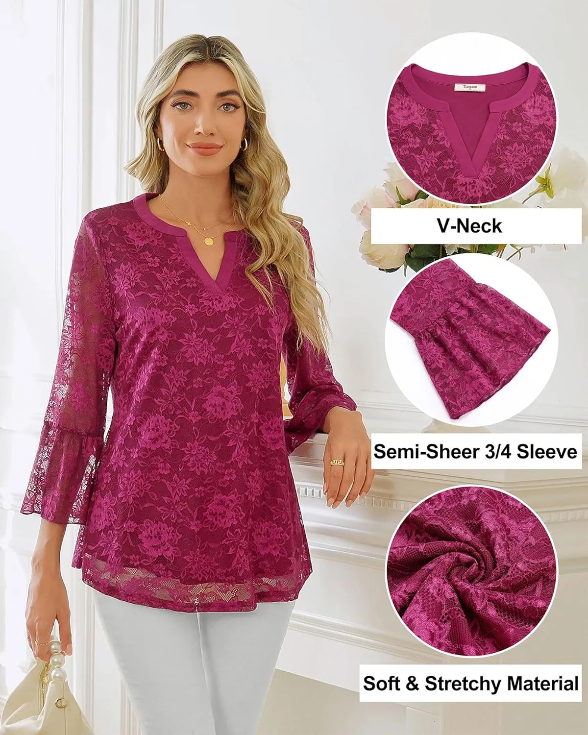 Timeson Women's 3/4 Sleeve Tops and Blouses V Neck Business Casual Shirts Dressy Tunics