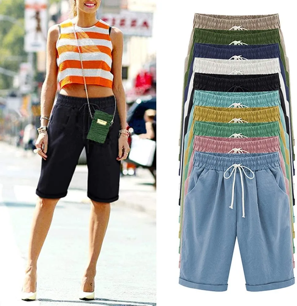 Vcansion Women's Elastic Waist Knee Length Casual Cotton Bermuda Shorts with Drawstring