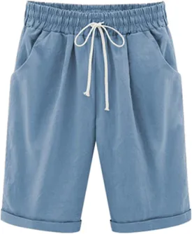 Vcansion Women's Elastic Waist Knee Length Casual Cotton Bermuda Shorts with Drawstring