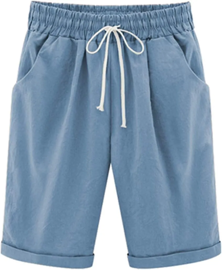 Vcansion Women's Elastic Waist Knee Length Casual Cotton Bermuda Shorts with Drawstring