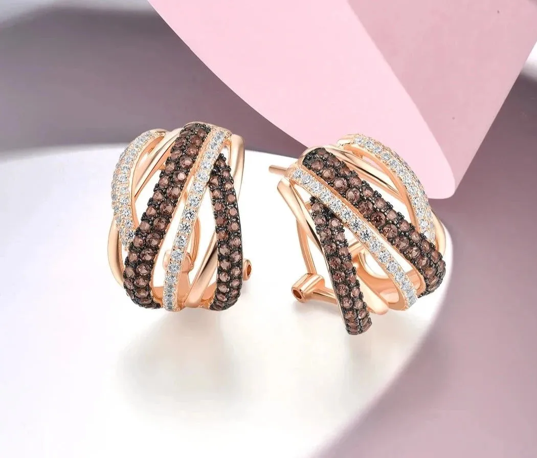 Very high  Sterling Silver Stud Earrings For Women Sparkling Brown Spinel White CZ Cross Style Fashion Fine Jewelry