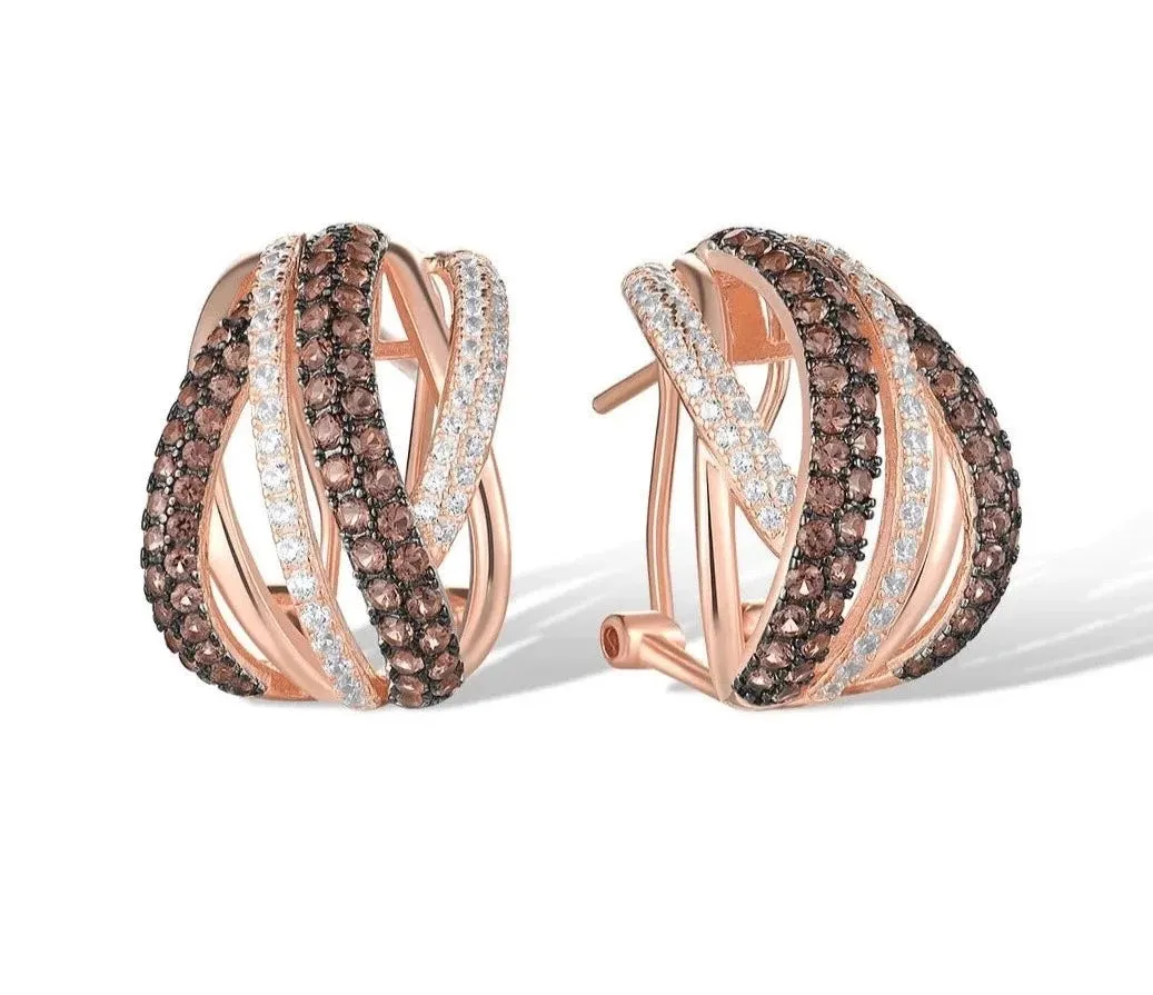 Very high  Sterling Silver Stud Earrings For Women Sparkling Brown Spinel White CZ Cross Style Fashion Fine Jewelry