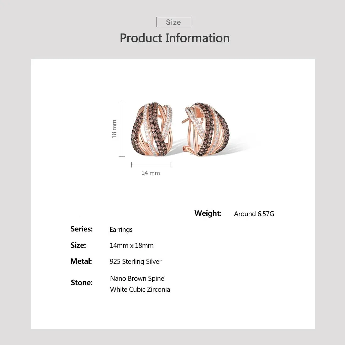 Very high  Sterling Silver Stud Earrings For Women Sparkling Brown Spinel White CZ Cross Style Fashion Fine Jewelry